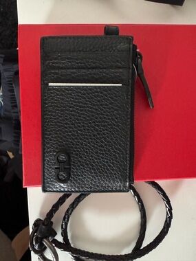 Salvatore Ferragamo Black Leather Card & Key Holder with Braided Lanyard